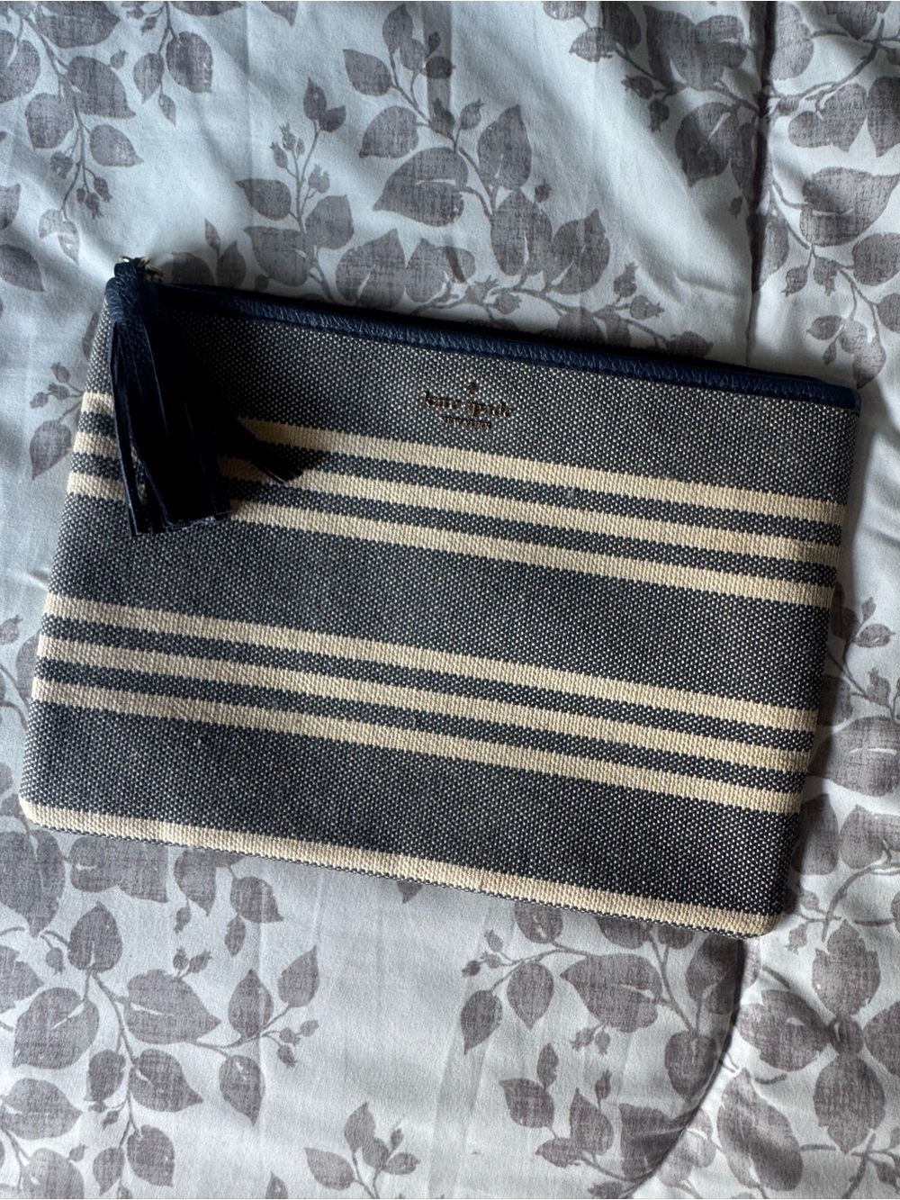 kate spade Navy and Cream Striped Canvas Zip Pouch with Tassel - Picture 1 of 3